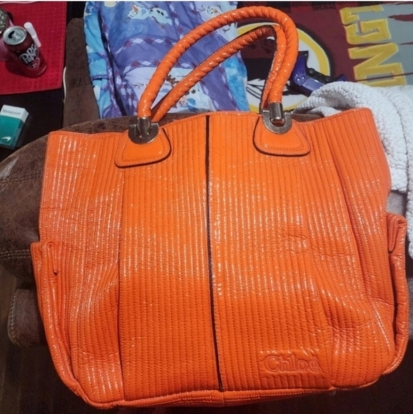 BUY ME!!!🔥🔥VERY RARE VNTG Chloe ORANGE Patent Lambskin Heloise Large Satchel - Picture 1 of 13